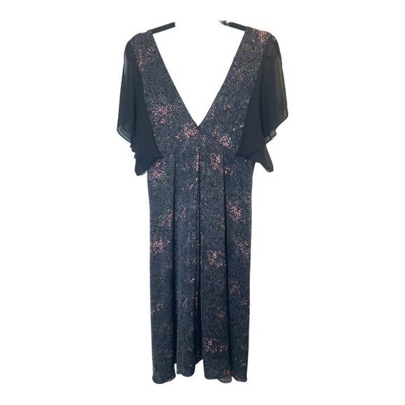 Halston Size XL Black Gray Pink Animal Print Deep V Flutter Sleeve Midi Dress - Picture 7 of 7